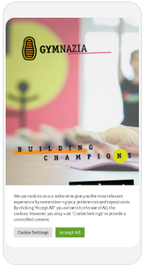 Gymnazia Kuwait — Google Display/responsive ad showing Gymnazia logo and 'Building Champions' brand tagline on mobile