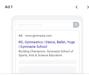 Gymnazia Kuwait — Google Search ad: 'RG, Gymnastics | Dance, Ballet, Yoga | Gymnazia School — Building Champions. Gymnazia School of Sports, Arts & Science Education.'