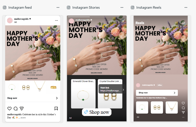 Mallorca Golds — Mother's Day campaign creatives (Feed, Stories, Reels)