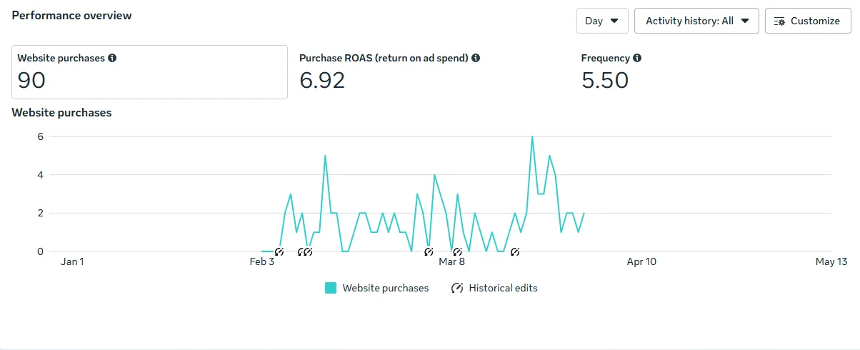 Performance Overview — Website Purchases & ROAS