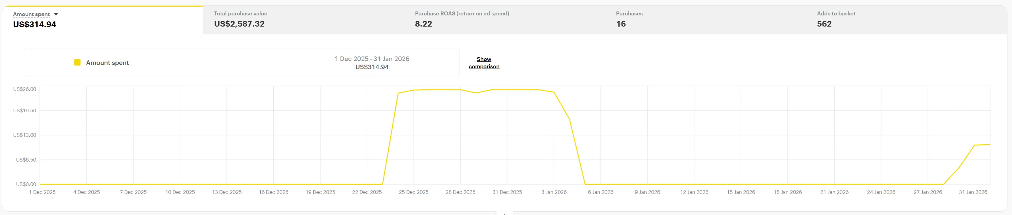 Spend Overview — Amount Spent, ROAS & Purchases